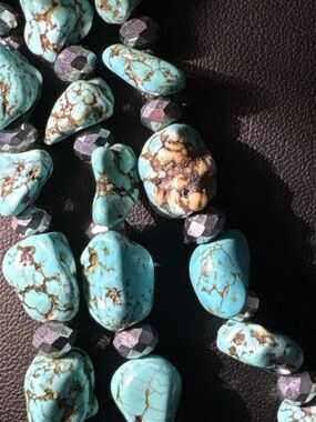 Long Turquoise Howlite Nugget Beaded Necklace Silver Tone Accents 30” Boho